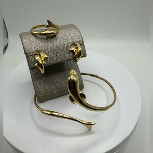 14K Gold Dolphin Jewelry Set Bracelet Ring Earrings